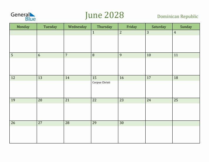 June 2028 Calendar with Dominican Republic Holidays