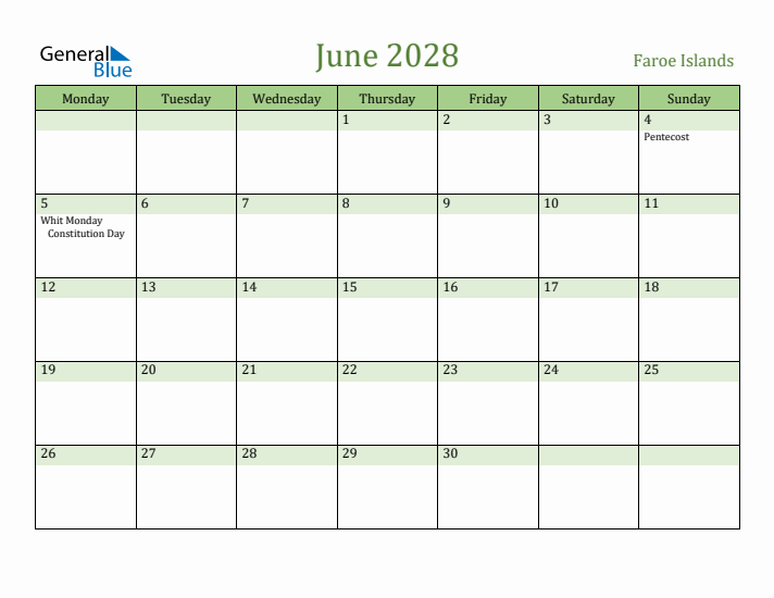 June 2028 Calendar with Faroe Islands Holidays