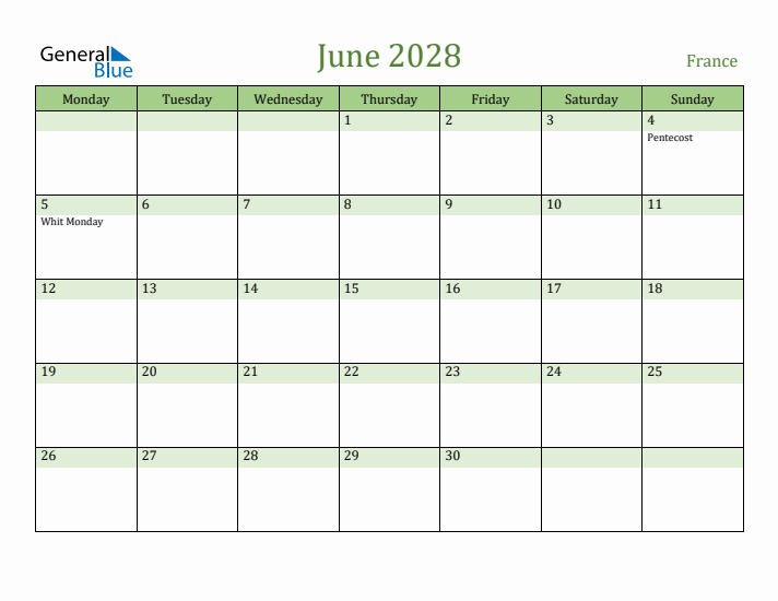 June 2028 Calendar with France Holidays