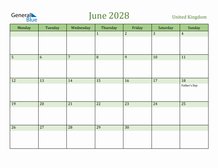 June 2028 Calendar with United Kingdom Holidays