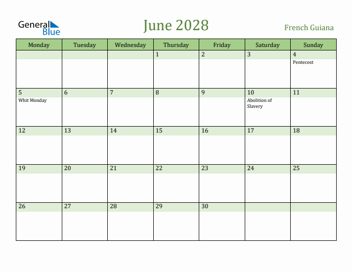 June 2028 Calendar with French Guiana Holidays