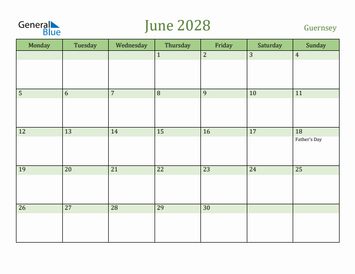 June 2028 Calendar with Guernsey Holidays