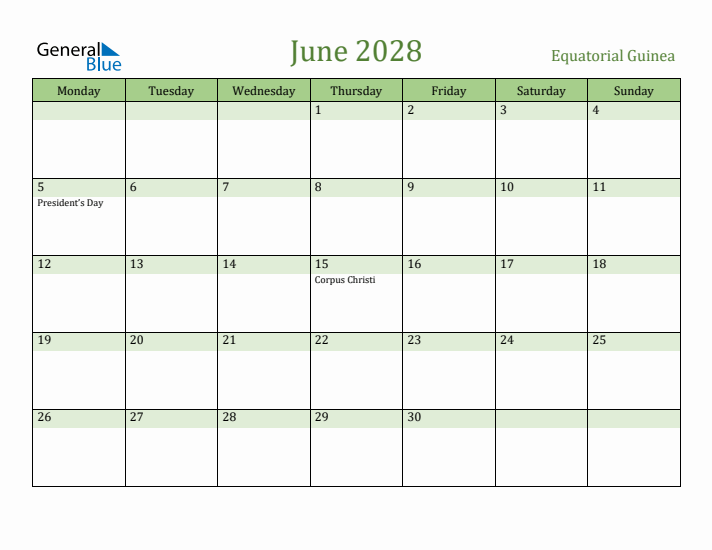 June 2028 Calendar with Equatorial Guinea Holidays