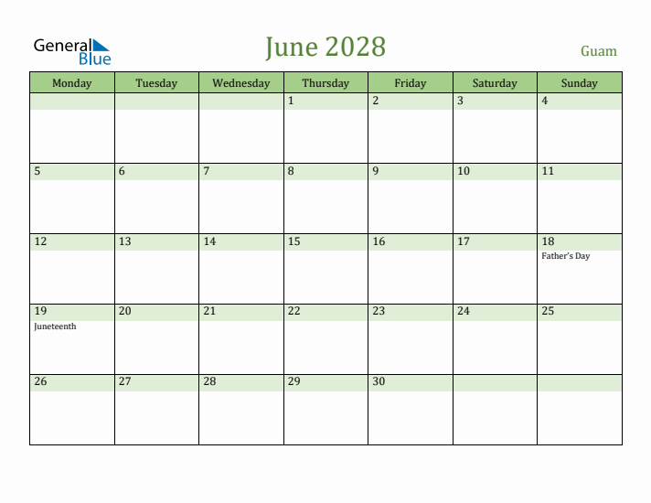 June 2028 Calendar with Guam Holidays