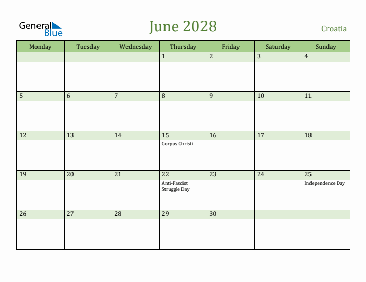 June 2028 Calendar with Croatia Holidays