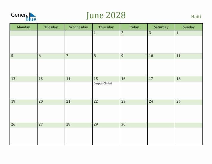 June 2028 Calendar with Haiti Holidays