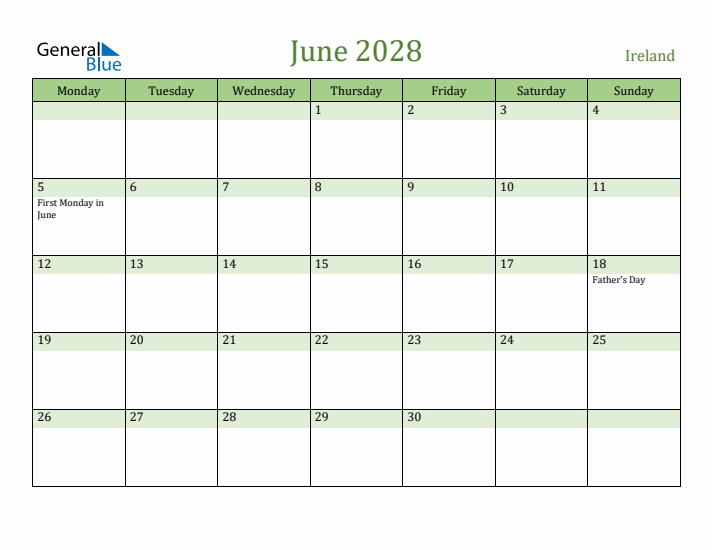 June 2028 Calendar with Ireland Holidays