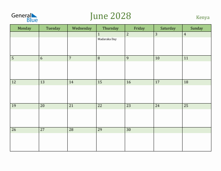 June 2028 Calendar with Kenya Holidays