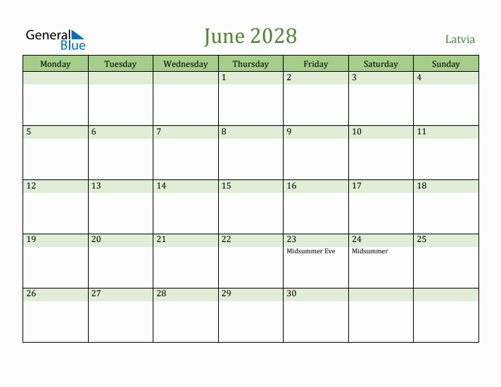 June 2028 Calendar with Latvia Holidays