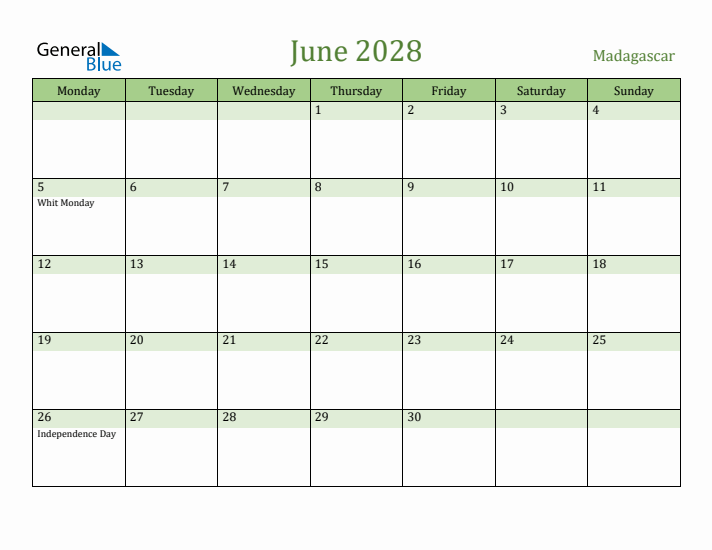June 2028 Calendar with Madagascar Holidays