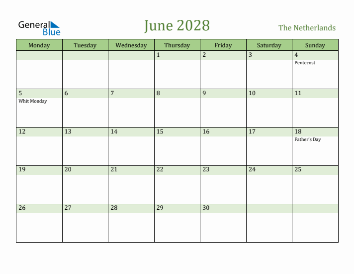 June 2028 Calendar with The Netherlands Holidays