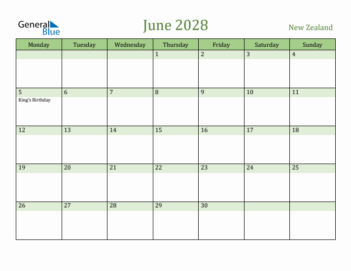 June 2028 Calendar with New Zealand Holidays