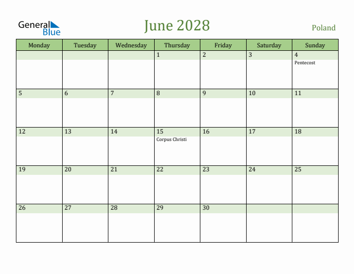 June 2028 Calendar with Poland Holidays