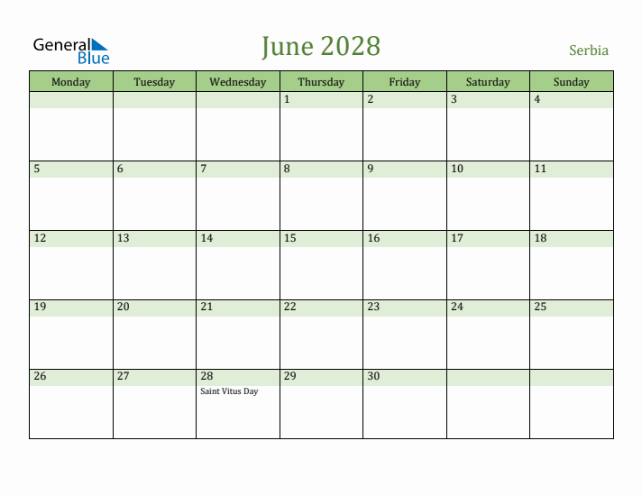 June 2028 Calendar with Serbia Holidays