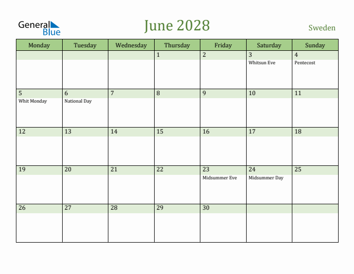 June 2028 Calendar with Sweden Holidays