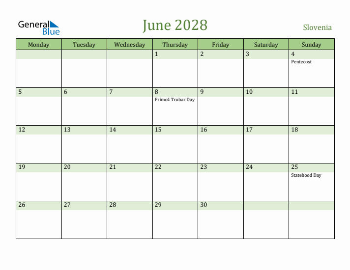 June 2028 Calendar with Slovenia Holidays