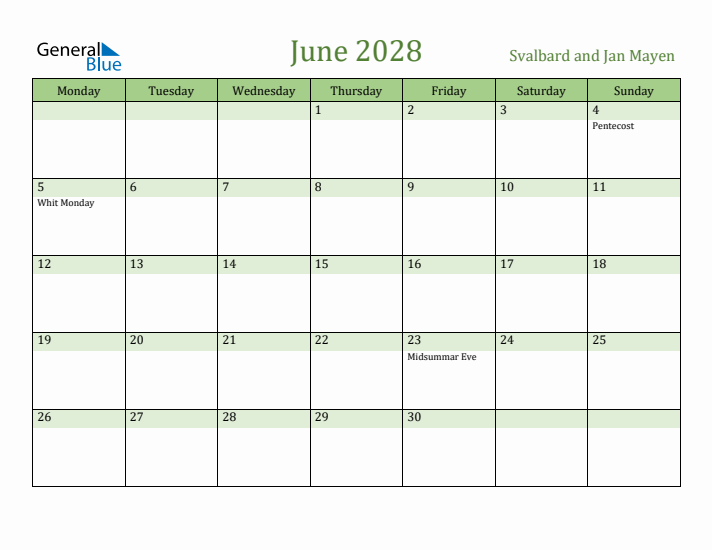 June 2028 Calendar with Svalbard and Jan Mayen Holidays