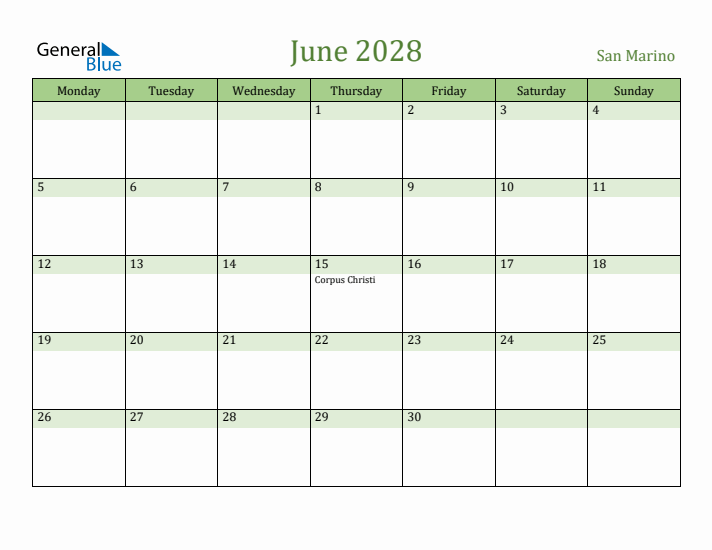 June 2028 Calendar with San Marino Holidays