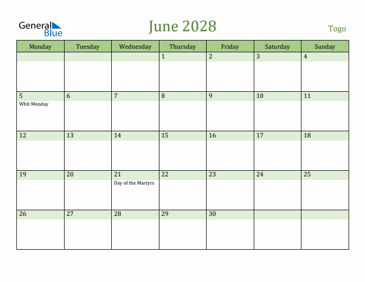 June 2028 Calendar with Togo Holidays