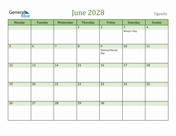 June 2028 Calendar with Uganda Holidays