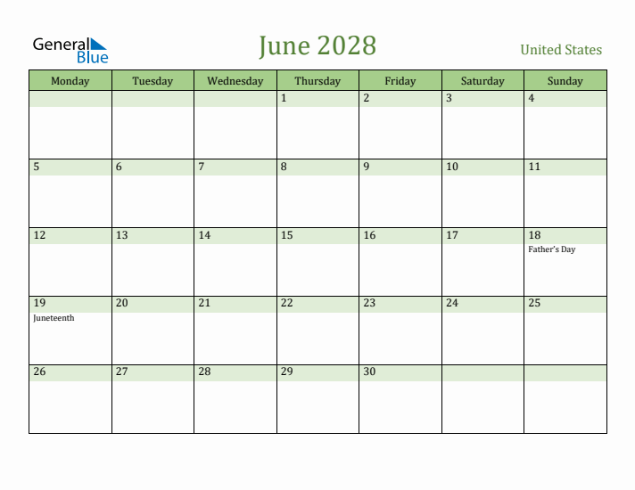 June 2028 Calendar with United States Holidays