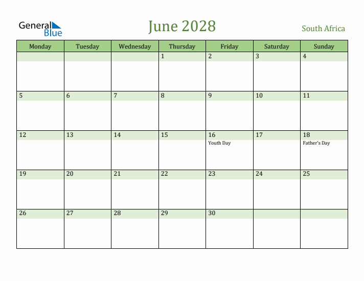 June 2028 Calendar with South Africa Holidays