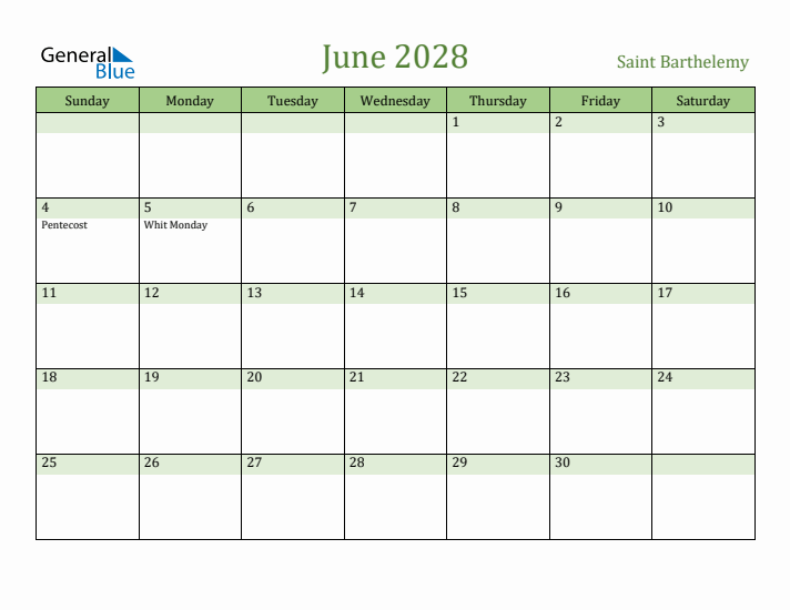 June 2028 Calendar with Saint Barthelemy Holidays