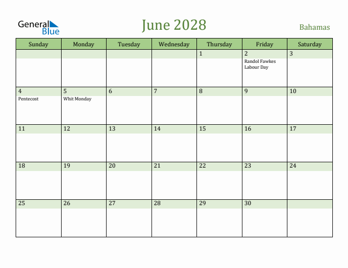 June 2028 Calendar with Bahamas Holidays
