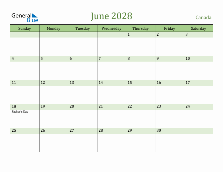 June 2028 Calendar with Canada Holidays