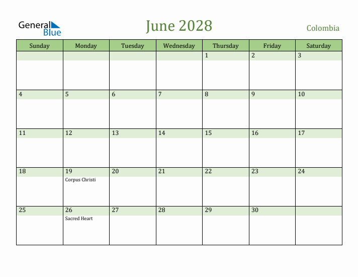 June 2028 Calendar with Colombia Holidays