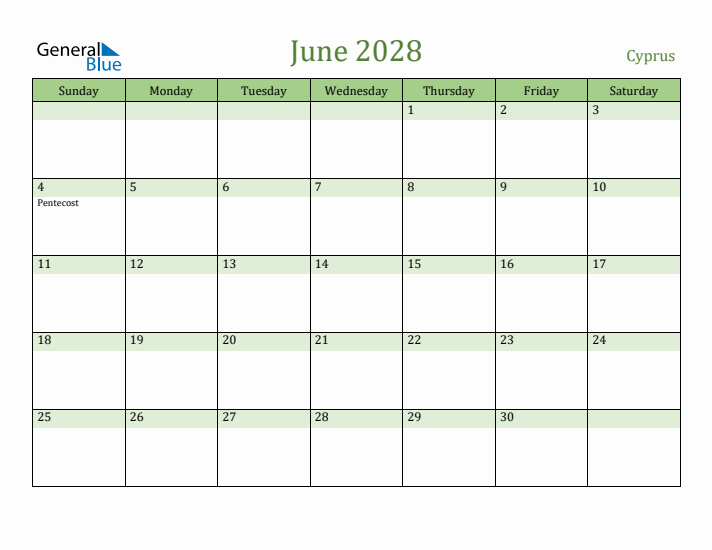June 2028 Calendar with Cyprus Holidays