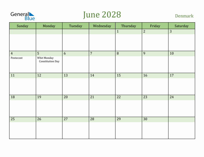 June 2028 Calendar with Denmark Holidays