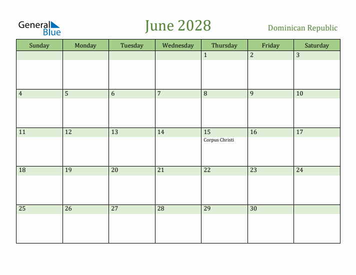 June 2028 Calendar with Dominican Republic Holidays