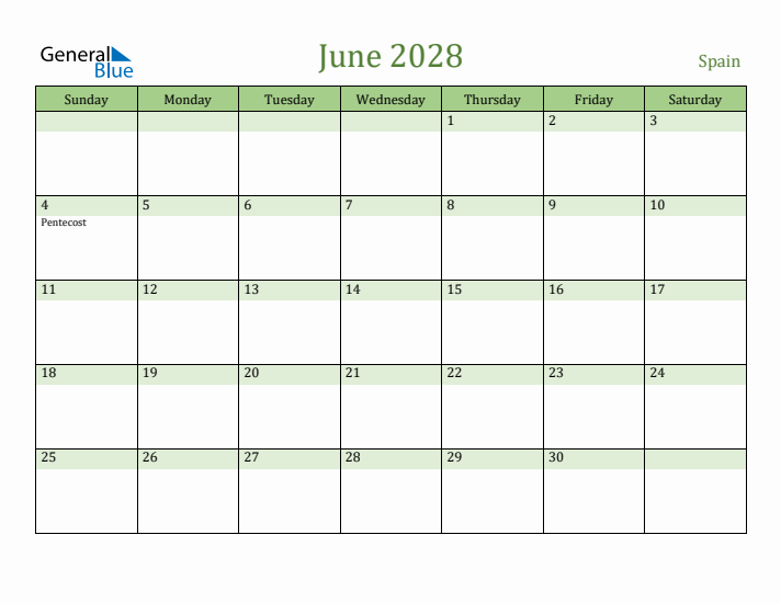 June 2028 Calendar with Spain Holidays