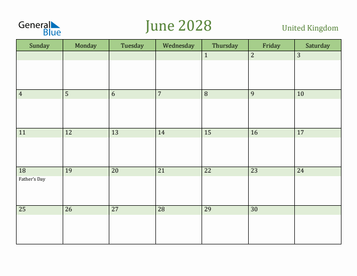 June 2028 Calendar with United Kingdom Holidays