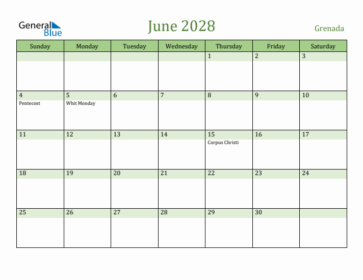 June 2028 Calendar with Grenada Holidays