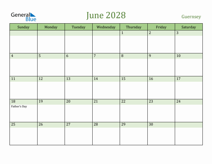 June 2028 Calendar with Guernsey Holidays