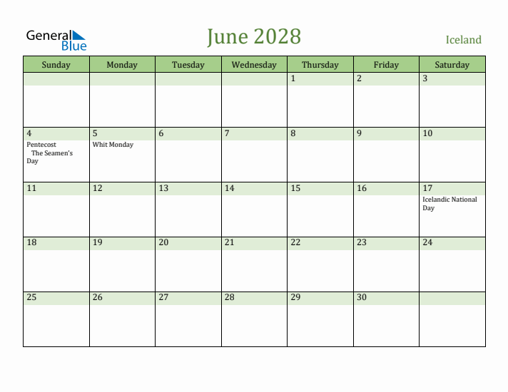 June 2028 Calendar with Iceland Holidays
