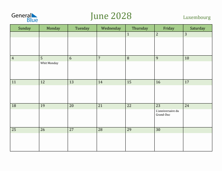 June 2028 Calendar with Luxembourg Holidays