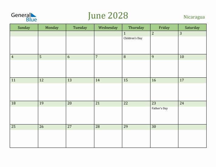 June 2028 Calendar with Nicaragua Holidays