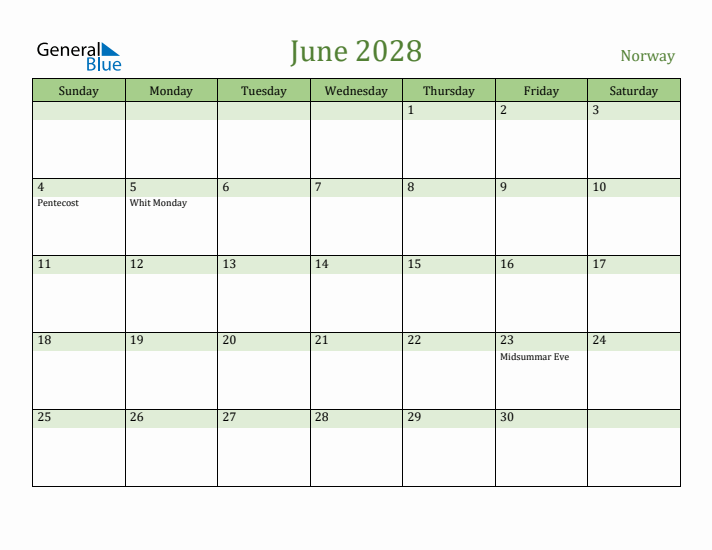 June 2028 Calendar with Norway Holidays