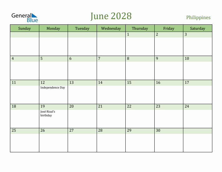 June 2028 Calendar with Philippines Holidays