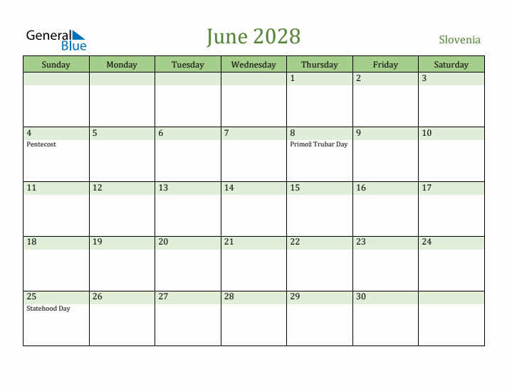June 2028 Calendar with Slovenia Holidays
