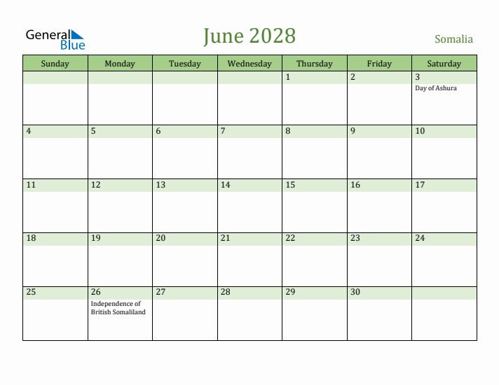 June 2028 Calendar with Somalia Holidays