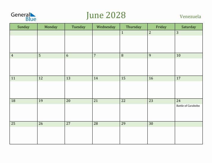 June 2028 Calendar with Venezuela Holidays