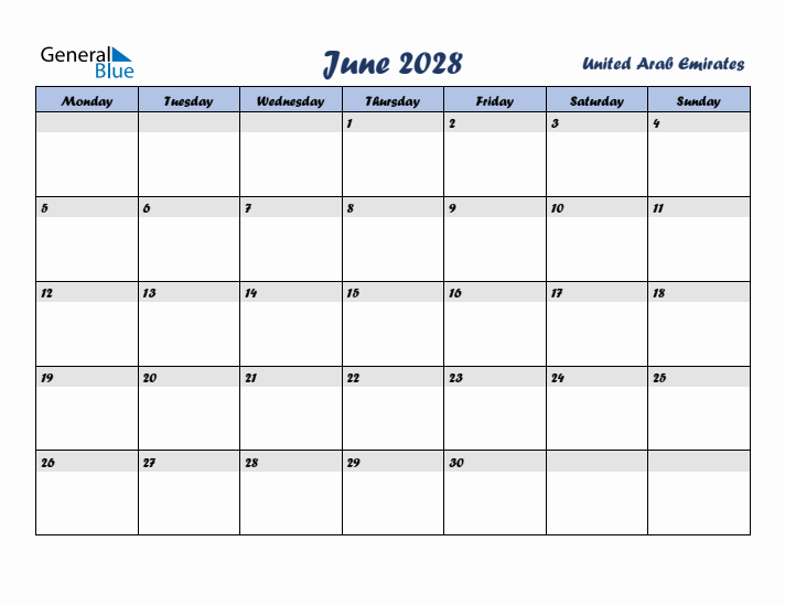 June 2028 Calendar with Holidays in United Arab Emirates