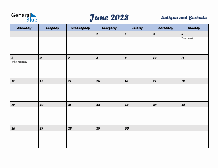 June 2028 Calendar with Holidays in Antigua and Barbuda