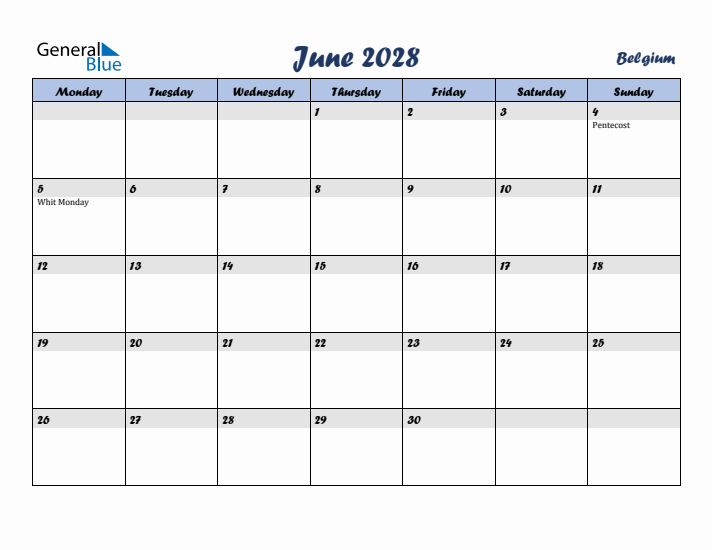 June 2028 Calendar with Holidays in Belgium