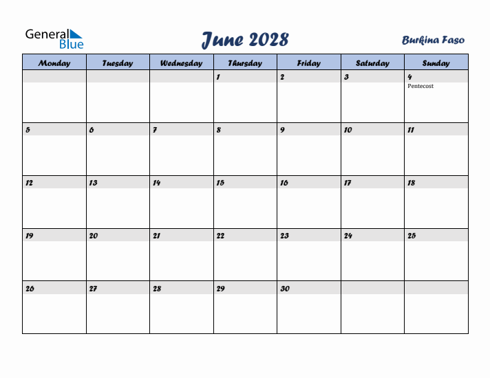 June 2028 Calendar with Holidays in Burkina Faso