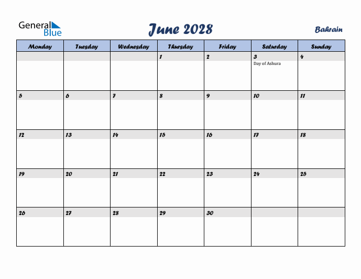 June 2028 Calendar with Holidays in Bahrain